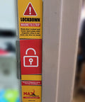 Close-up of a door frame with 10 Pack Lockdown Magnetic Strips For Door Frames Heavy Duty Security Magnets, red and yellow design.