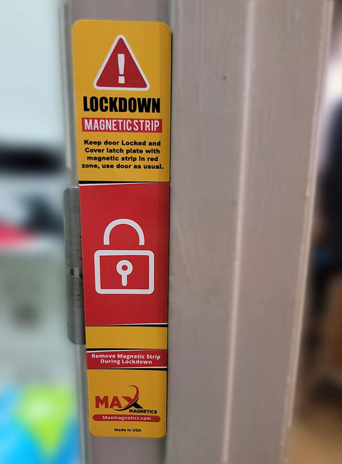 Close-up of a door frame with 10 Pack Lockdown Magnetic Strips For Door Frames Heavy Duty Security Magnets, red and yellow design.