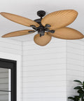 Palm Island 52 Inch Tropical Indoor Outdoor Ceiling Fan With No Light Pull Chain Two Mounting Options Five Palm Leaf Blades Damp Rated For Porches And Garages Up To 400 Sq Ft For That Chill Tropical Vibe installed on porch ceiling