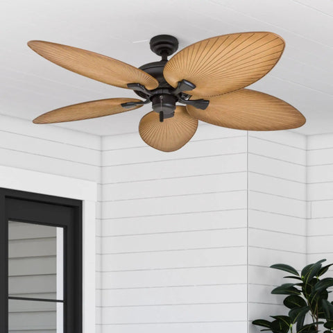 Palm Island 52 Inch Tropical Indoor Outdoor Ceiling Fan With No Light Pull Chain Two Mounting Options Five Palm Leaf Blades Damp Rated For Porches And Garages Up To 400 Sq Ft For That Chill Tropical Vibe installed on porch ceiling