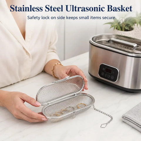 No Sweat Stainless Steel Ultrasonic Cleaner Baskets With Heavy Duty Locking Clips For Quick Watch Jewelry And Tool Washing That Makes Tidy Ups Absolute Breeze For Your Workbench Routine with rings inside.