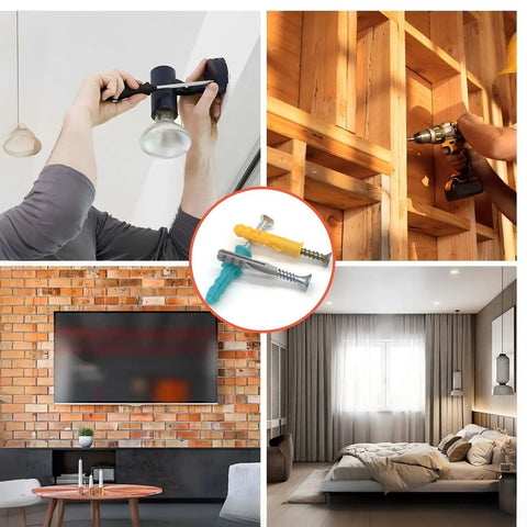 Massive 300 Piece Wall Anchor Kit For Drywall And Concrete Heavy Duty Ribbed M4 M5 Anchors And Screws For Hanging Pictures And Shelves And Wall Mounts On Brick Cement Wood And Hollow Walls, shown with drilled anchors