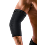 Man wearing Two Pack Elbow Compression Sleeve For Tendonitis And Tennis Elbow Relief Golfers Elbow Support Non Slip 3D Knit Arm Guard