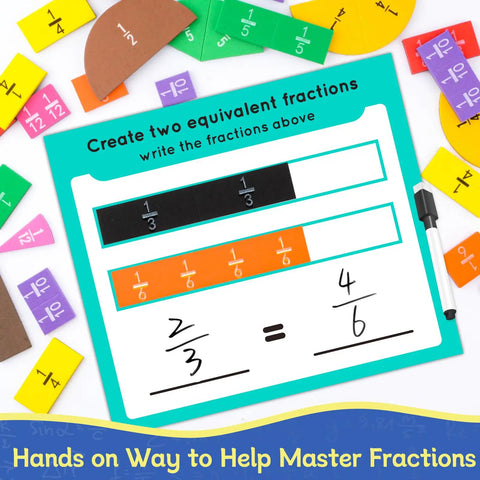 Hands On Fraction Tiles And Circles Activity Set For Kids Ages 6 To 12 Learn Fractions With Visual Circles And Bars Math Manipulatives Includes 102 Easy Grip Foam Pieces 9 Fraction Tiles 9 Circles 16 Double Sided Cards And Dry Erase Markers showing fraction activity card and colored tiles