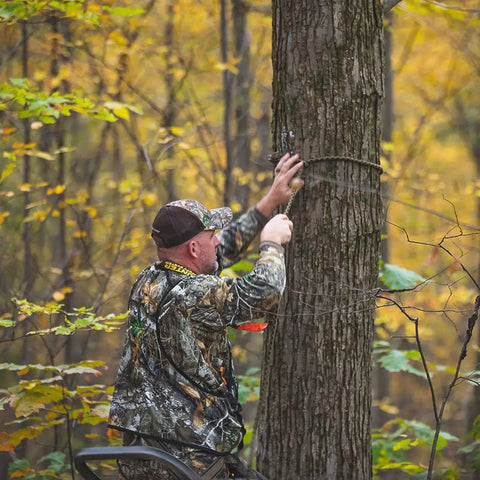 Hunter using Rope Style Tree Strap For Hunting Safety, 9 Foot Length, Durable Rope Attachment Built For Quick Climb And Secure Tree Connection