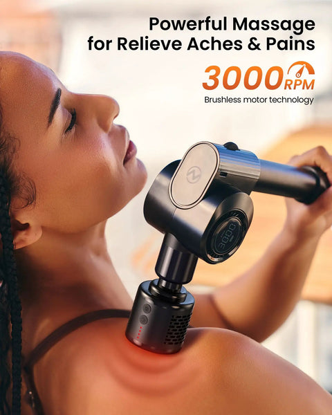 Person using Heat And Cold Therapy Massage Gun With Deep Tissue Percussion For Muscle And Neck Pain Relief on shoulder
