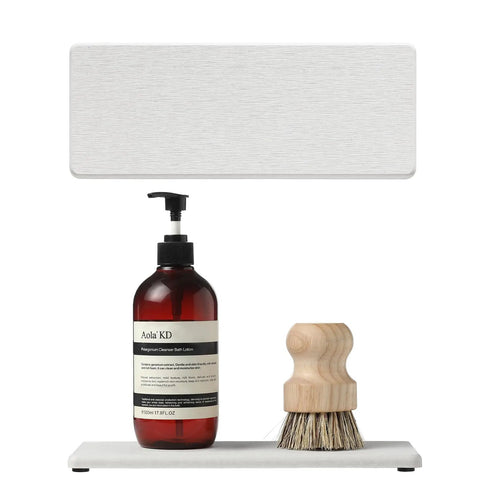 Two Pack Beige Diatomite Soap Dryers Rapid Absorbing Countertop Organizers with lotion bottle and brush on a flat surface.