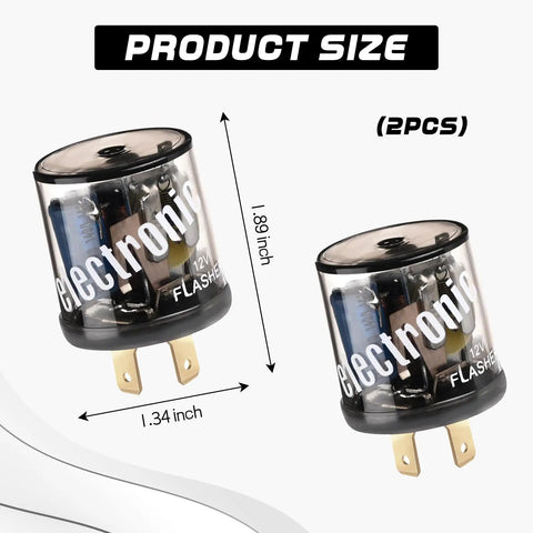 Two 12V Heavy Duty Turn Signal Relay 2 Pack 2 Pin shown with dimensions 1.34 inch and 1.89 inch, for cars and trucks with halogen bulbs.