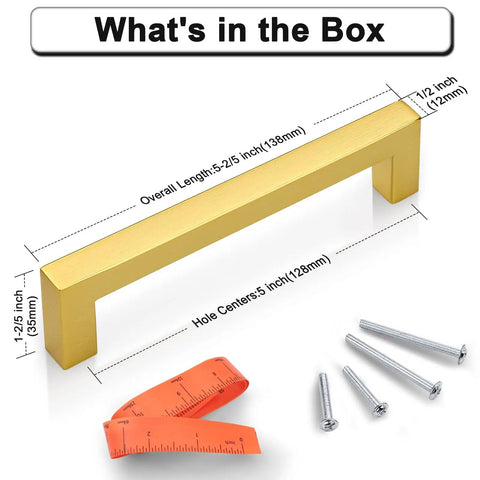 Thirty Pack Square Gold Cabinet Pulls With A Killer Brushed Brass Finish Modern Drawer Handles with measuring tape and screws.