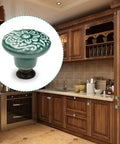 Slick Green Ceramic Cabinet Knobs 12 Piece Set showcasing a detailed floral design, 33mm dia for kitchen cabinets.