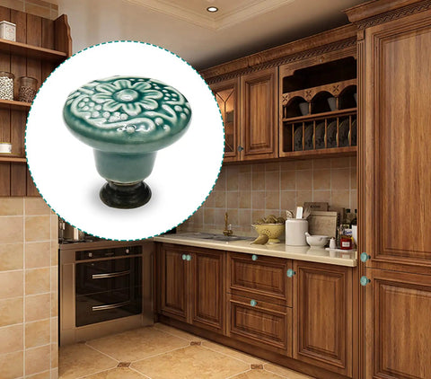 Slick Green Ceramic Cabinet Knobs 12 Piece Set showcasing a detailed floral design, 33mm dia for kitchen cabinets.