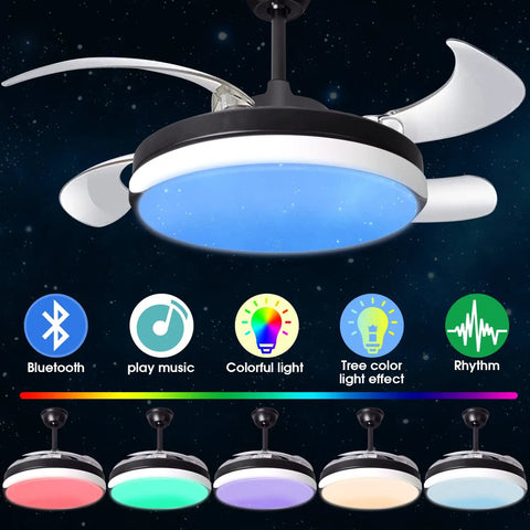42 Inch Retractable Bladeless Ceiling Fan With Light And Bluetooth Speaker Dope Black Fandelier showcasing color changing LEDs.