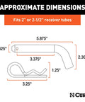 Diagram of a five eighths inch trailer hitch pin and clip with clear zinc finish fits two inch and two and a half inch receivers, dimensions labeled.