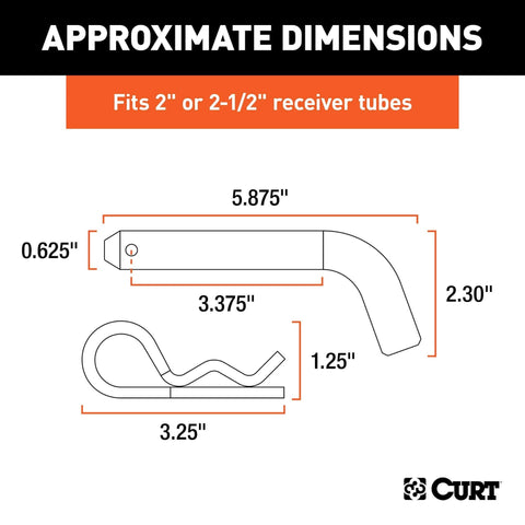 Diagram of a five eighths inch trailer hitch pin and clip with clear zinc finish fits two inch and two and a half inch receivers, dimensions labeled.