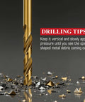 StratMet titanium-coated HSS drill bit close-up with metal shavings on a dark surface