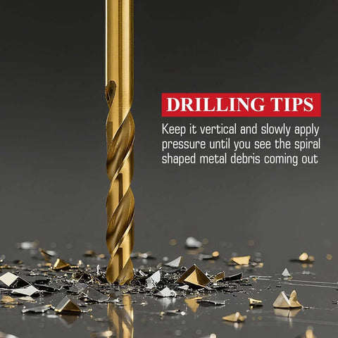 StratMet titanium-coated HSS drill bit close-up with metal shavings on a dark surface