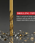 Close-up of titanium-coated drill bit in action from 30 Piece Titanium Coated HSS Drill Bit Set For Metal Wood Plastic