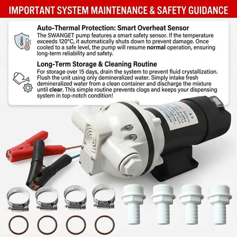 Heavy Duty 12V DEF Transfer Pump Shreds Through Fluids With An Epic 10.6 Gpm Flow Rate For Smooth Diesel Exhaust Moves and Bulletproof Suction for Drums IBC Tanks and Jobsites with connections and clamps.