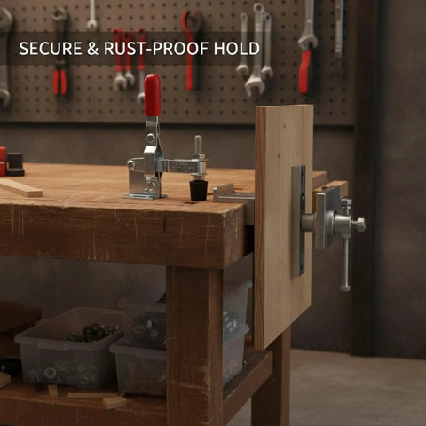 Vertical Hold Down Clamp With Quick Action Toggle for woodworking on workbench, securing wood board upright in workshop.