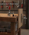 Vertical Hold Down Clamp With Quick Action Toggle For Woodworking And Assembly on workbench, holding wooden board upright