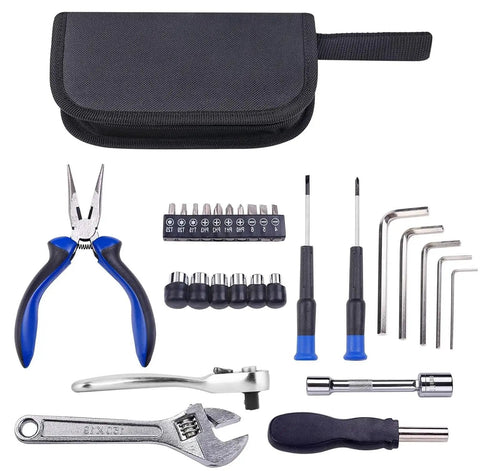 Compact 29 Piece Motorcycle Tool Kit For Underseat Storage On The Go Roadside Repair Essentials with tools and black case
