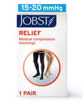 Relief Thigh High Graduated Compression Stockings packaging, 15-20 mmHg, unisex open-toe, beige, size large, silicone dot band