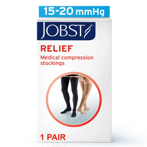 Relief Thigh High Graduated Compression Stockings packaging, 15-20 mmHg, unisex open-toe, beige, size large, silicone dot band