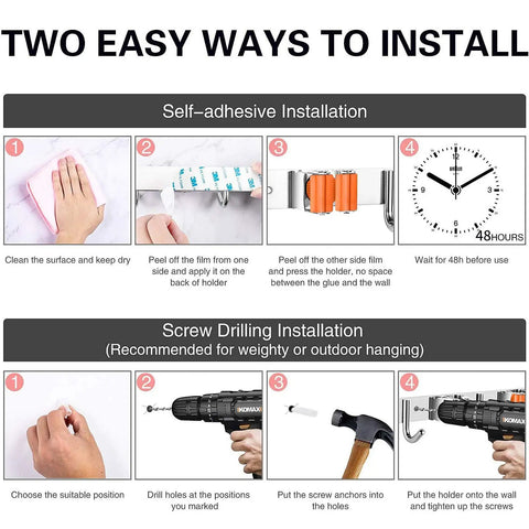 Installation guide for Orange Stainless Steel Broom Mop Holder Wall Mount Organizer with 3 racks and 4 hooks using adhesive or screws.