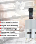Close-up of motor component for Upgraded 3018 Pro CNC Router Kit for wood and plastic with efficiency features listed.