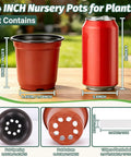 4 Inch Nursery Pots 100 Pack Plastic Seedling Pots with Drainage Holes, shown with plant labels, dimensions, and soda can comparison.