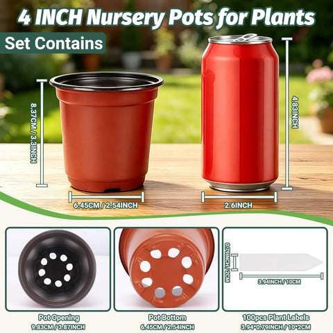 4 Inch Nursery Pots 100 Pack Plastic Seedling Pots with Drainage Holes, shown with plant labels, dimensions, and soda can comparison.