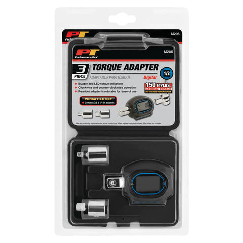 Digital Torque Adapter With 1/2 Inch Drive Includes 3/8 Inch And 1/4 Inch Adapters Rotatable Display 30 To 150 Foot Pound Range