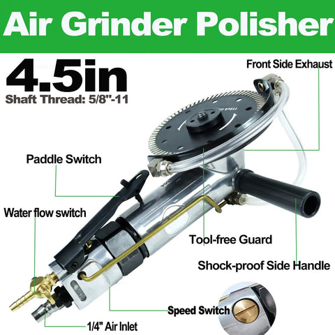 4-1/2 Inch Pneumatic Beast Wet Stone Polisher And Grinder For Polishing Concrete Metal And Tile, 0 To 11000 RPM, features labeled