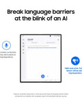 Tablet screen showing AI language translation feature Image with "Break language barriers" text.
