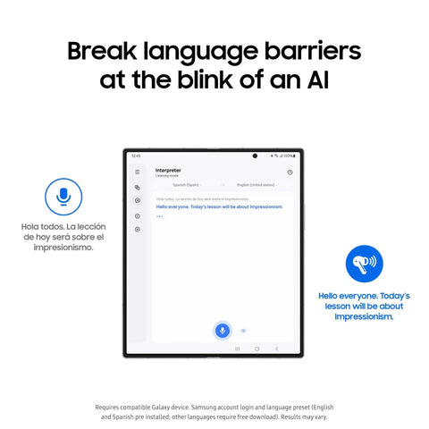 Tablet screen showing AI language translation feature Image with "Break language barriers" text.