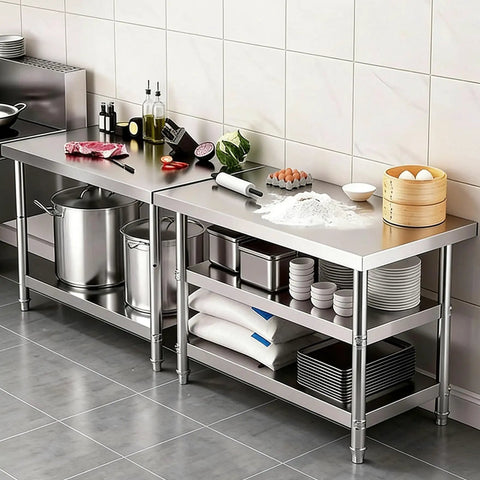 Solid Three Tier Stainless Steel Prep Table Commercial Kitchen Shelving Unit Rust Resistant Workbench No Sweat Cleanup Station For Restaurants Homes And Garages Real Deal Food Prep Beast