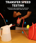 SMART JERRY fluid transfer pump hand siphon; red pump with black ends transferring fuel from red can to white jug.