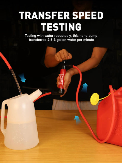 SMART JERRY fluid transfer pump hand siphon; red pump with black ends transferring fuel from red can to white jug.
