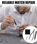 Person using All In One Watch Spring Bar Tool Kit With Tweezers Scaled Bar Pushers Extra Tips Cleaning Cloth And Clear Storage Box