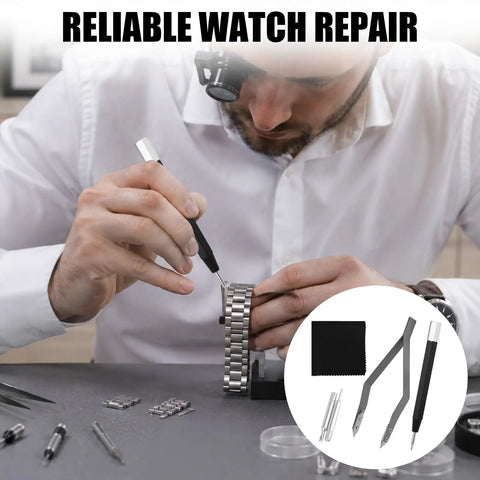 Person using All In One Watch Spring Bar Tool Kit With Tweezers Scaled Bar Pushers Extra Tips Cleaning Cloth And Clear Storage Box