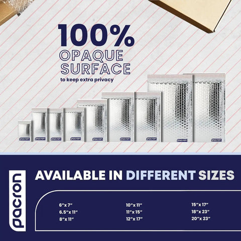 Heavy Duty Insulated Silver Thermal Bubble Mailers 8x11 Self Sealing Padded Envelopes displayed in various sizes
