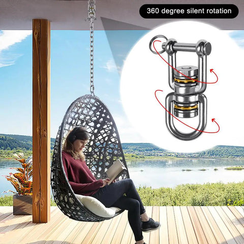 Woman reading in hammock chair attached with Heavy Duty Swing Swivel 360 Degree Rotation in Stainless Steel, scenic view background.