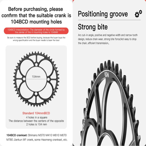 104BCD CNC Aluminum Narrow Wide Chainring For MTB And Road Bikes, image showing mounting holes and positioning groove.