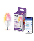 Smart Candle Bulb 40W Equivalent, E12 Base, Full Color, Dimmable, Indoor WiFi Connected, Voice or App Control, Motion Activated SpaceSense, Matter Compatible, 1 Pack, Easy Setup, Lit Color Options shown with box and app