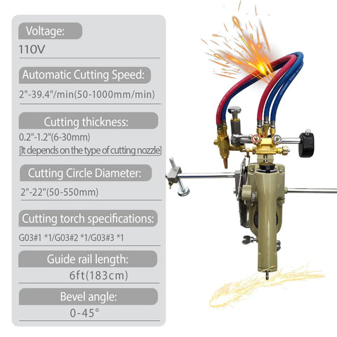 Heavy Duty Portable Gas Cutting Torch With Adjustable Speed Track, featuring cutting tips and hoses for precise metal cuts.