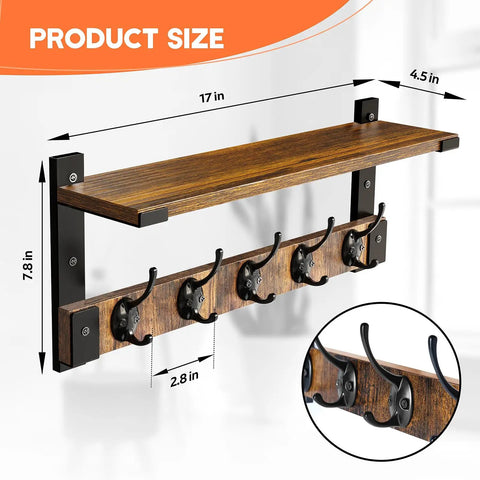 Wall Mount Coat Rack With Shelf And Hooks, No-Fuss Space Saving Entryway Organizer, brown wood and metal, product dimensions shown.