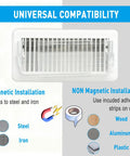 Magnetic Vent Deflector Shields For Floor, Wall, And Ceiling Registers 9 To 14 Inch Adjustable 2 Pack Clear Neodymium Magnets Airflow Direction Control with universal compatibility diagram showing materials.