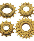 Set of bronze single speed bike freewheel sprockets, including 12 tooth with three pawl engagement for a stronger hold.