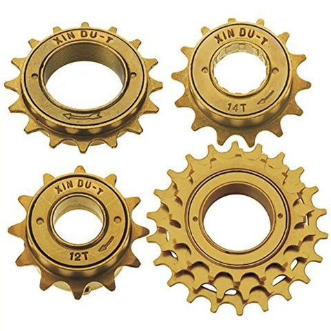 Set of bronze single speed bike freewheel sprockets, including 12 tooth with three pawl engagement for a stronger hold.
