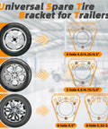 Image shows universal spare tire bracket for trailers with various lug patterns and tire examples.